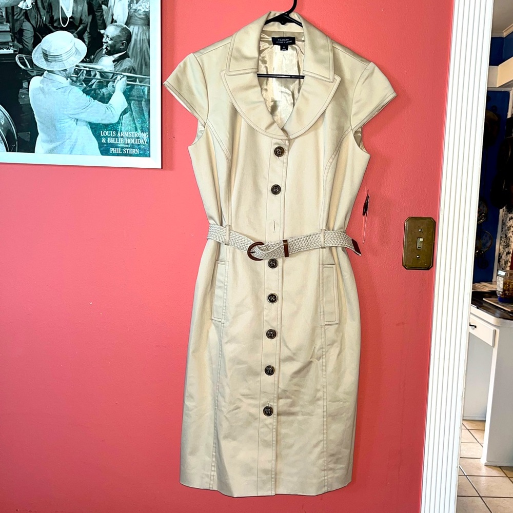 Tahari NWT Arthur S. Levine Dress Knee Length Khaki Tan Cap Sleeves Size 8